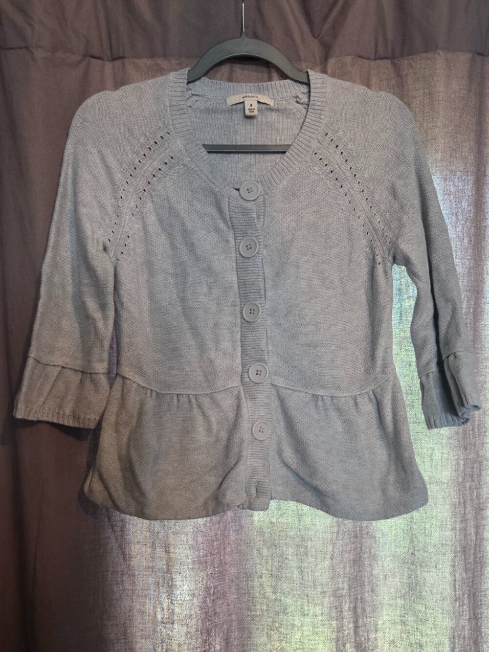 Merona Knit Button Up Sweater, peplum sleeve and bottom, gray